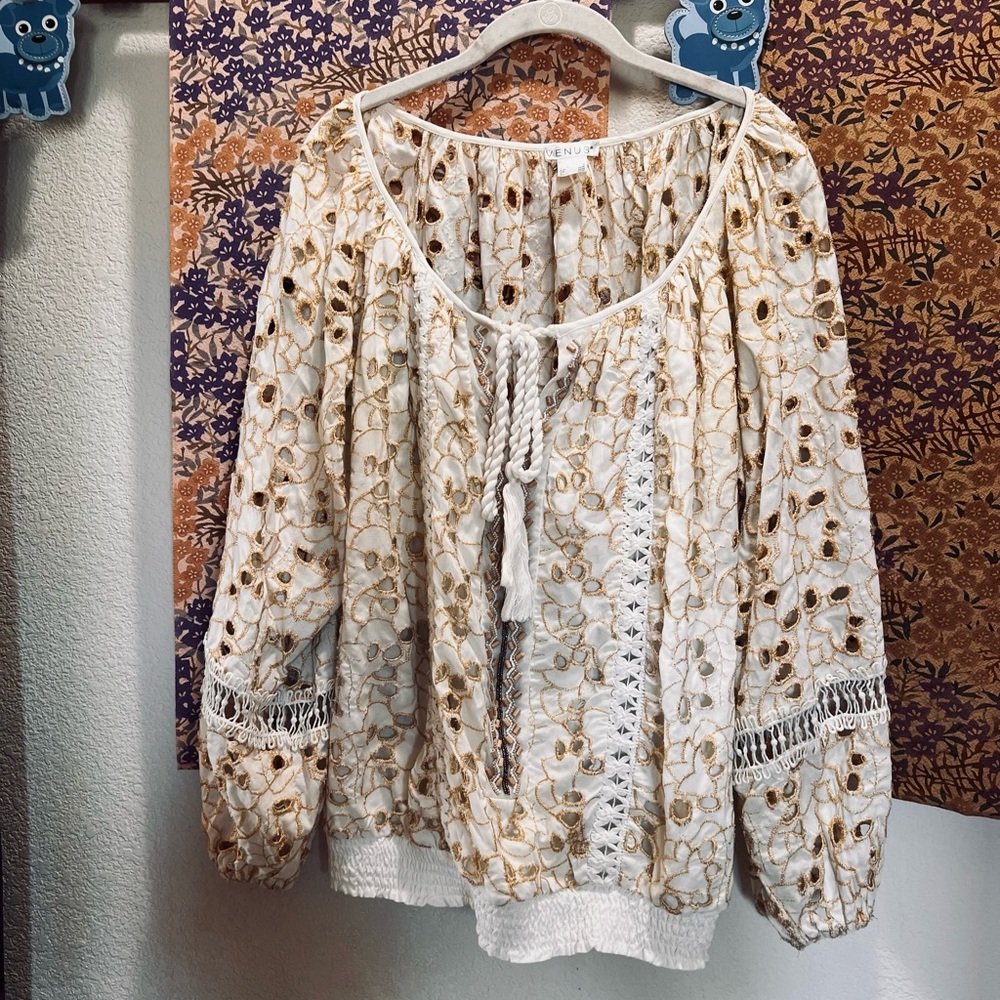 Venus Sz L Beaded Lace Gold Long Sleeve Blouse